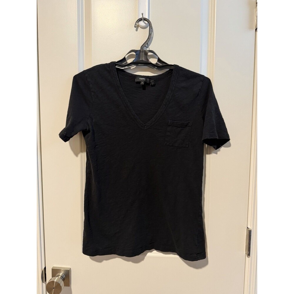 Theory Women’s Black Slub V-Neck Pocket T-Shirt Size S Made in Peru